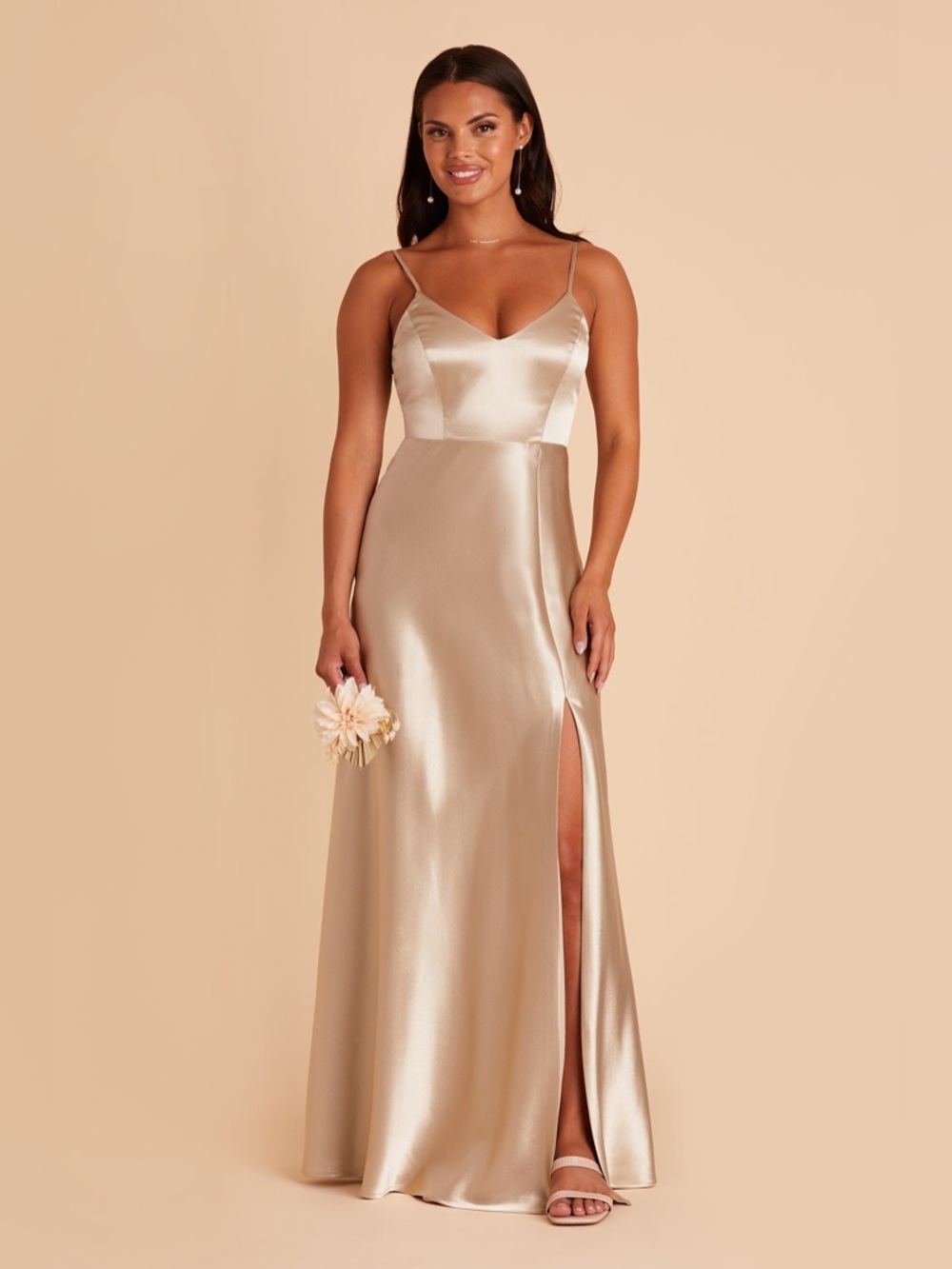 Birdy Grey Shiny Satin Neutral Champagne Jay Dress with Slit Size Medium
